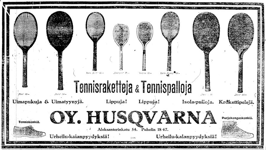 Vanha lehtimainos: Oy. Husqvarna, tennisraketteja ja tennispalloja, Aleksanterinkatu 54